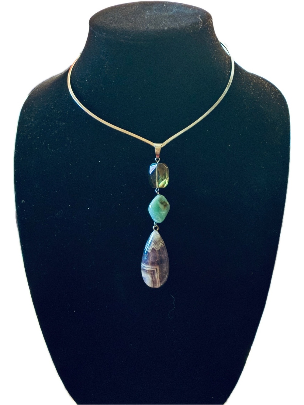 Artisan 3-Stone Statement Torque Necklace - Amethyst Quartz Boho Choker 16”